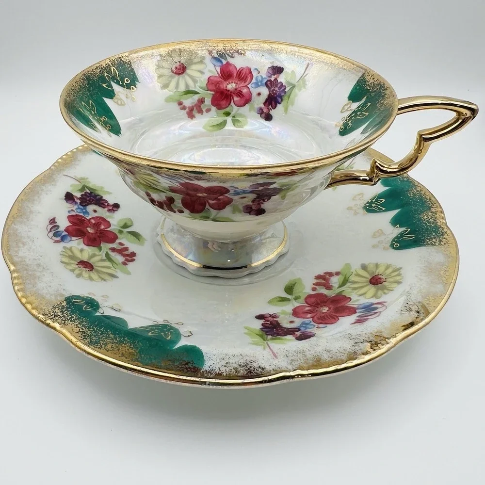 Trimont Ware Japan Pedestal Teacup Saucer Floral Gold Gilt Luster Vintage Tea Se